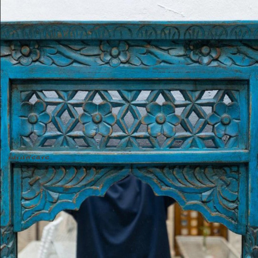 Kirkae Wooden Carved Mirror Frame Jharokha (Blue Distress)