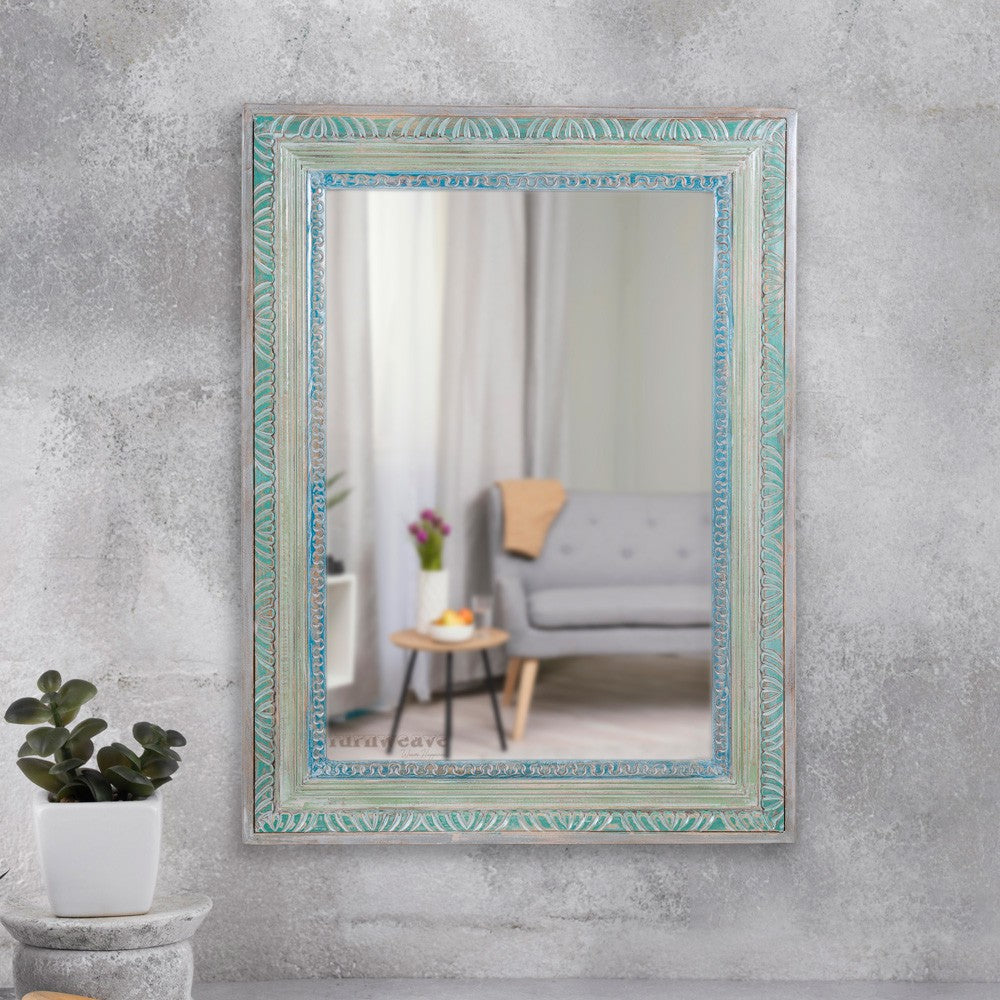 Wetia Wooden Carved Mirror Frame (Light Blue Antique)