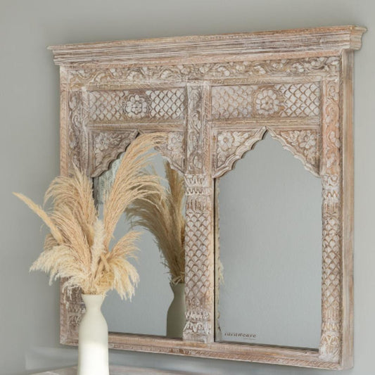 Jharo Two Arch Wooden Carved Mirror Frame (White Distress)