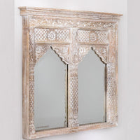 Jharo Two Arch Wooden Carved Mirror Frame (White Distress)