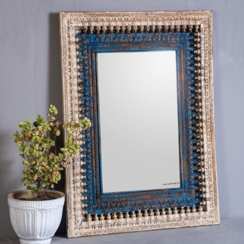 Uuvo Wooden Carved Wall Mirror Frame (White Blue Distress)