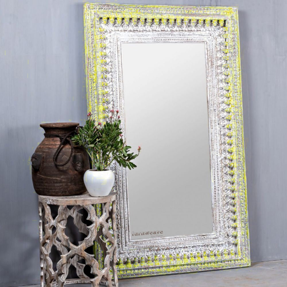 Bia Wooden Carved Mirror Frame (Yellow Distress)