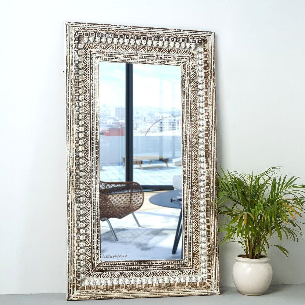 Bia Wooden Carved Mirror Frame (White Antique)