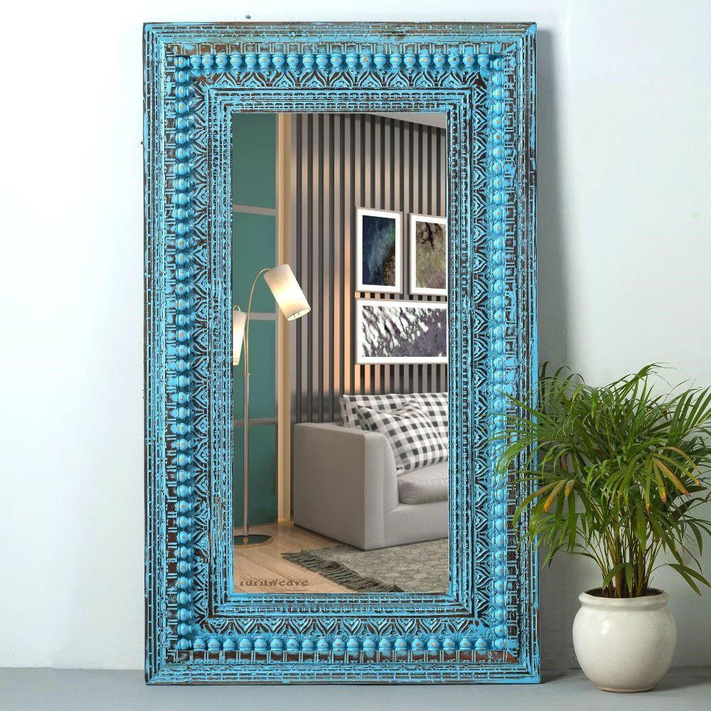 Bia Wooden Carved Mirror Frame (Blue Distress)