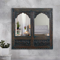 Prana Wooden Two Arch Carved Mirror Frame Jharokha (Rustic Finish)