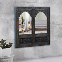 Prana Wooden Two Arch Carved Mirror Frame Jharokha (Rustic Finish)