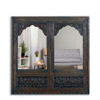 Prana Wooden Two Arch Carved Mirror Frame Jharokha (Rustic Finish)