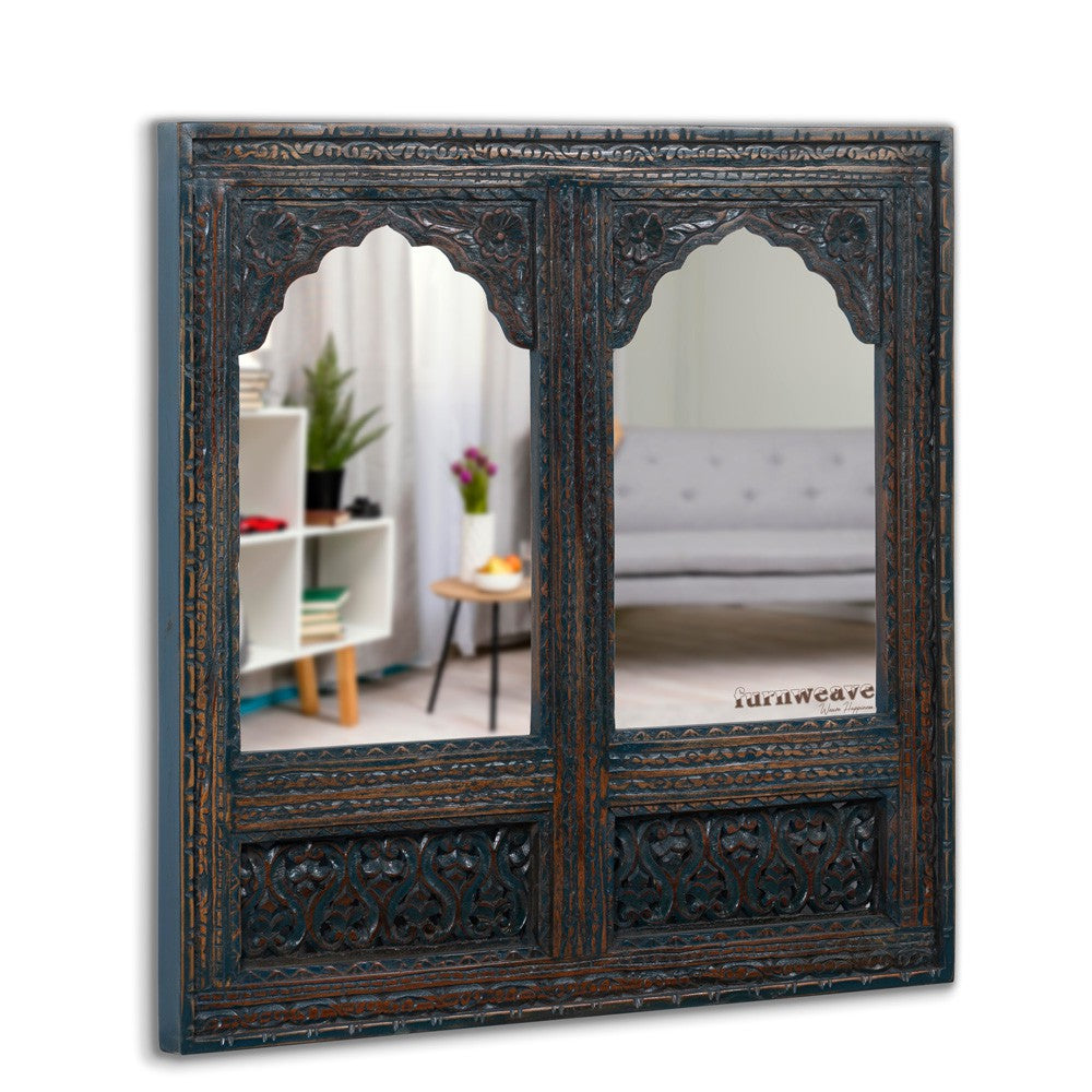 Prana Wooden Two Arch Carved Mirror Frame Jharokha (Rustic Finish)