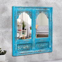 Prana Wooden Two Arch Carved Mirror Frame Jharokha (Blue Distress)