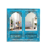 Prana Wooden Two Arch Carved Mirror Frame Jharokha (Blue Distress)