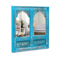 Prana Wooden Two Arch Carved Mirror Frame Jharokha (Blue Distress)