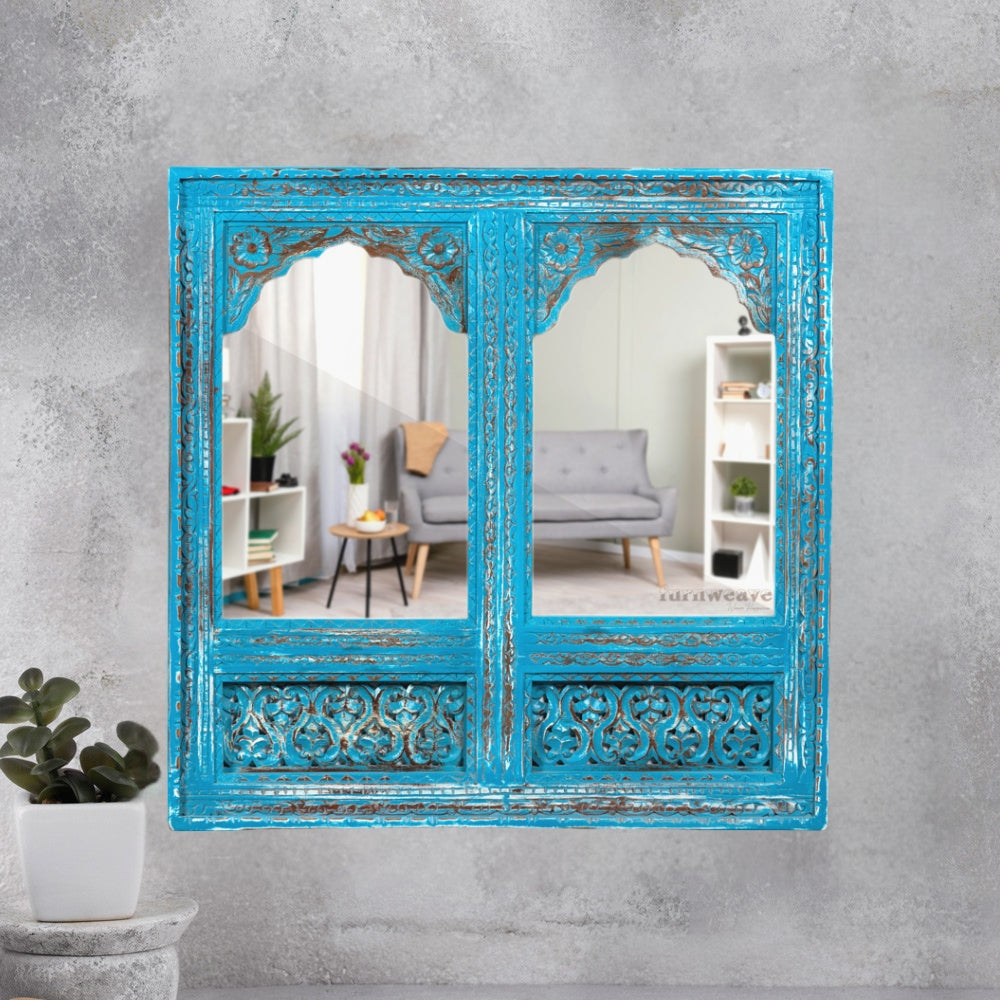 Prana Wooden Two Arch Carved Mirror Frame Jharokha (Blue Distress)