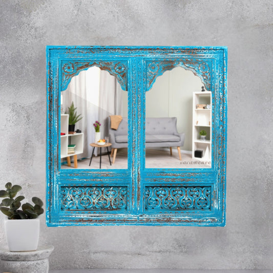 Prana Wooden Two Arch Carved Mirror Frame Jharokha (Blue Distress)