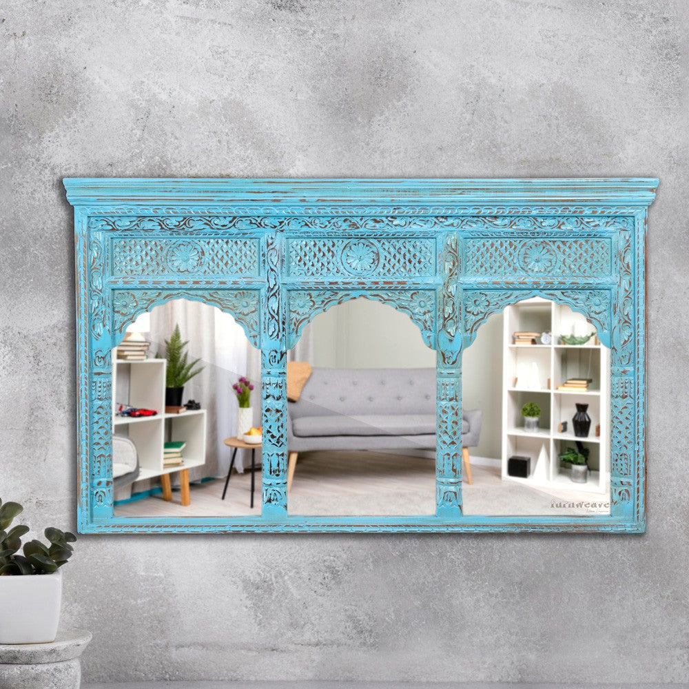 Jharo Wooden Carved Mirror Frame Jharokha (Blue Distress)