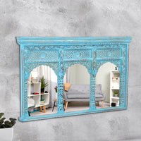 Jharo Wooden Carved Mirror Frame Jharokha (Blue Distress)