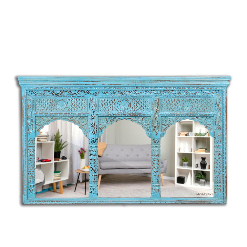 Jharo Wooden Carved Mirror Frame Jharokha (Blue Distress)