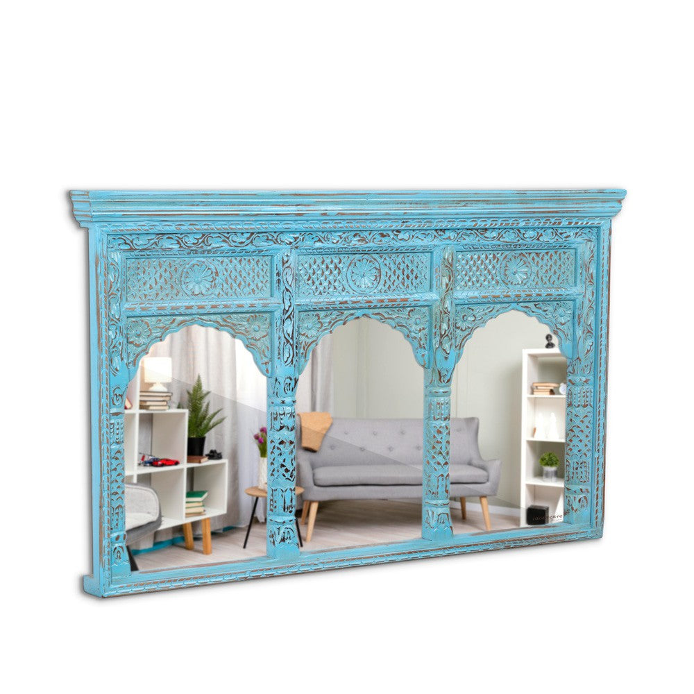 Jharo Wooden Carved Mirror Frame Jharokha (Blue Distress)