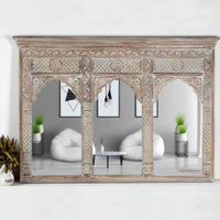 Jharo Wooden Carved Mirror Frame Jharokha (Brown Distress)