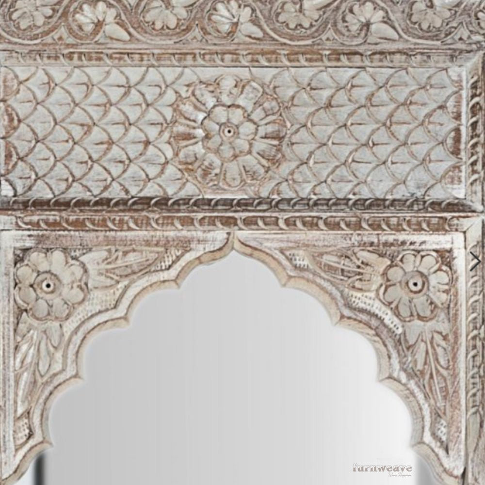 Jharo Wooden Carved Mirror Frame Jharokha (Brown Distress)