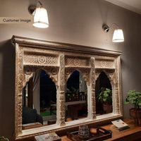 Jharo Wooden Carved Mirror Frame Jharokha (Brown Distress)