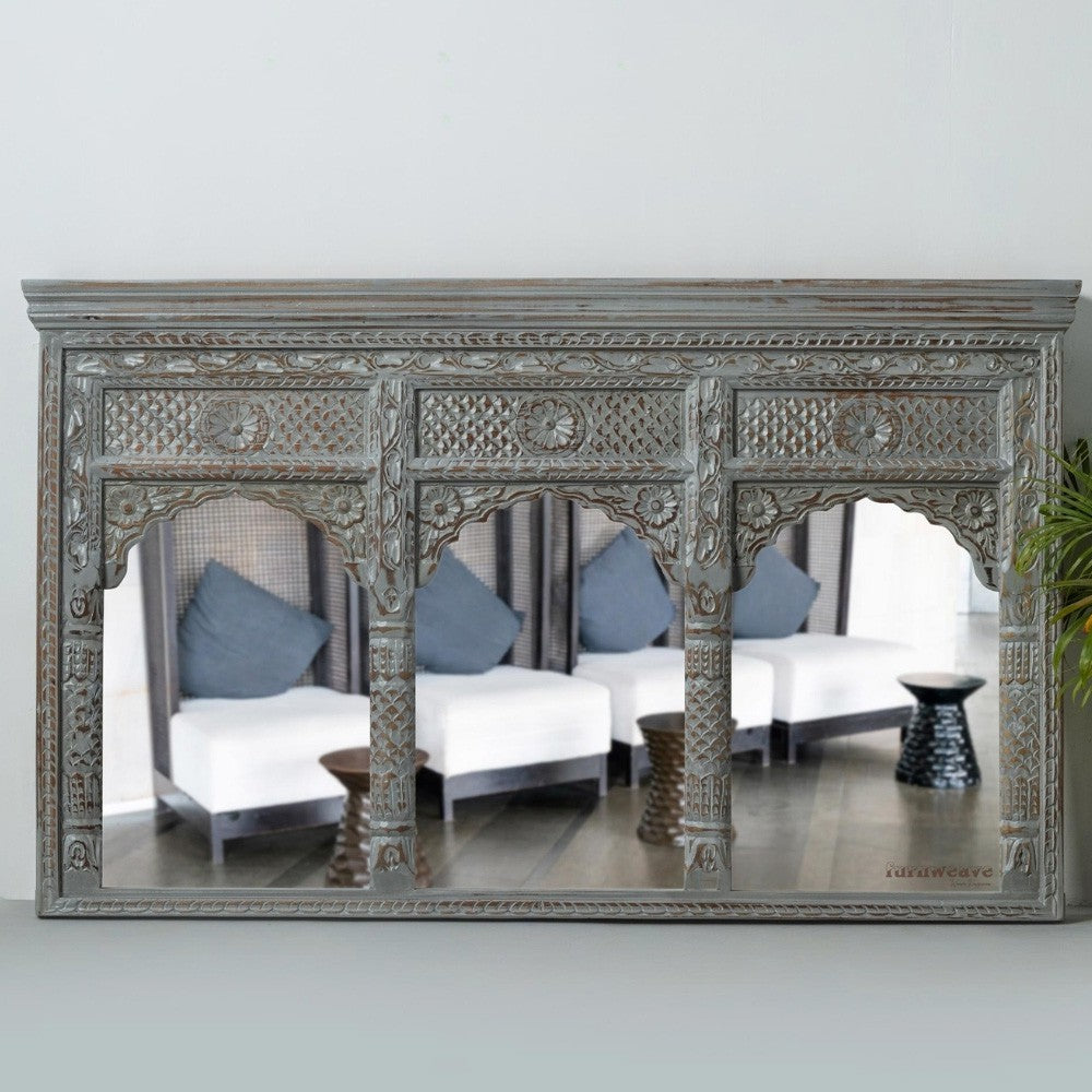 Jharo Wooden Carved Mirror Frame Jharokha (Grey Distress)