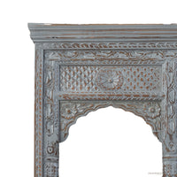 Jharo Wooden Carved Mirror Frame Jharokha (Grey Distress)