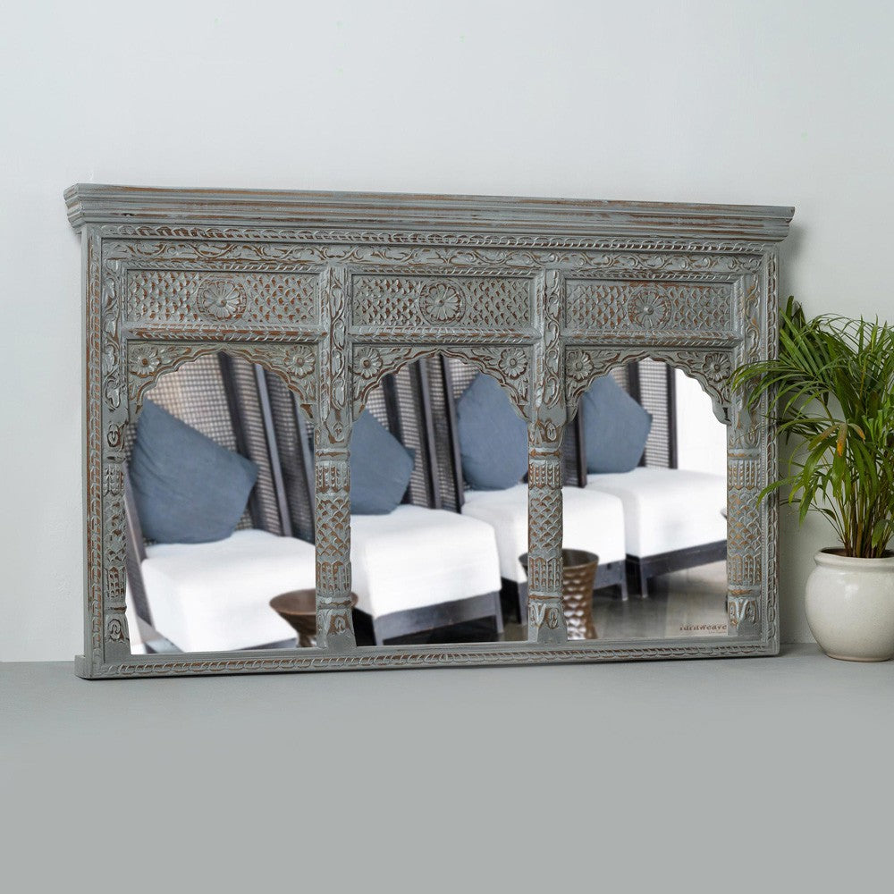 Jharo Wooden Carved Mirror Frame Jharokha (Grey Distress)