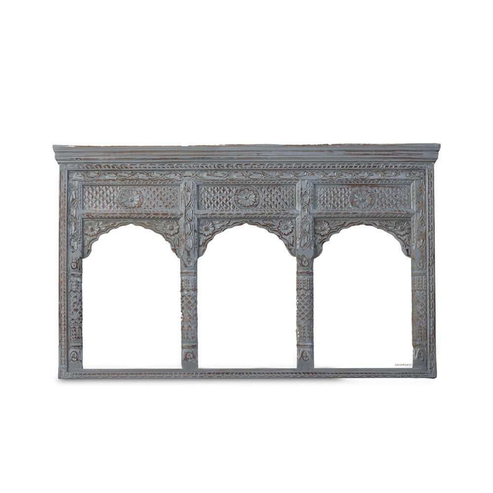 Jharo Wooden Carved Mirror Frame Jharokha (Grey Distress)