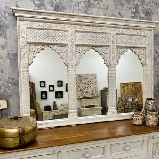 Jharo Wooden Carved Mirror Frame Jharokha (White Distress)