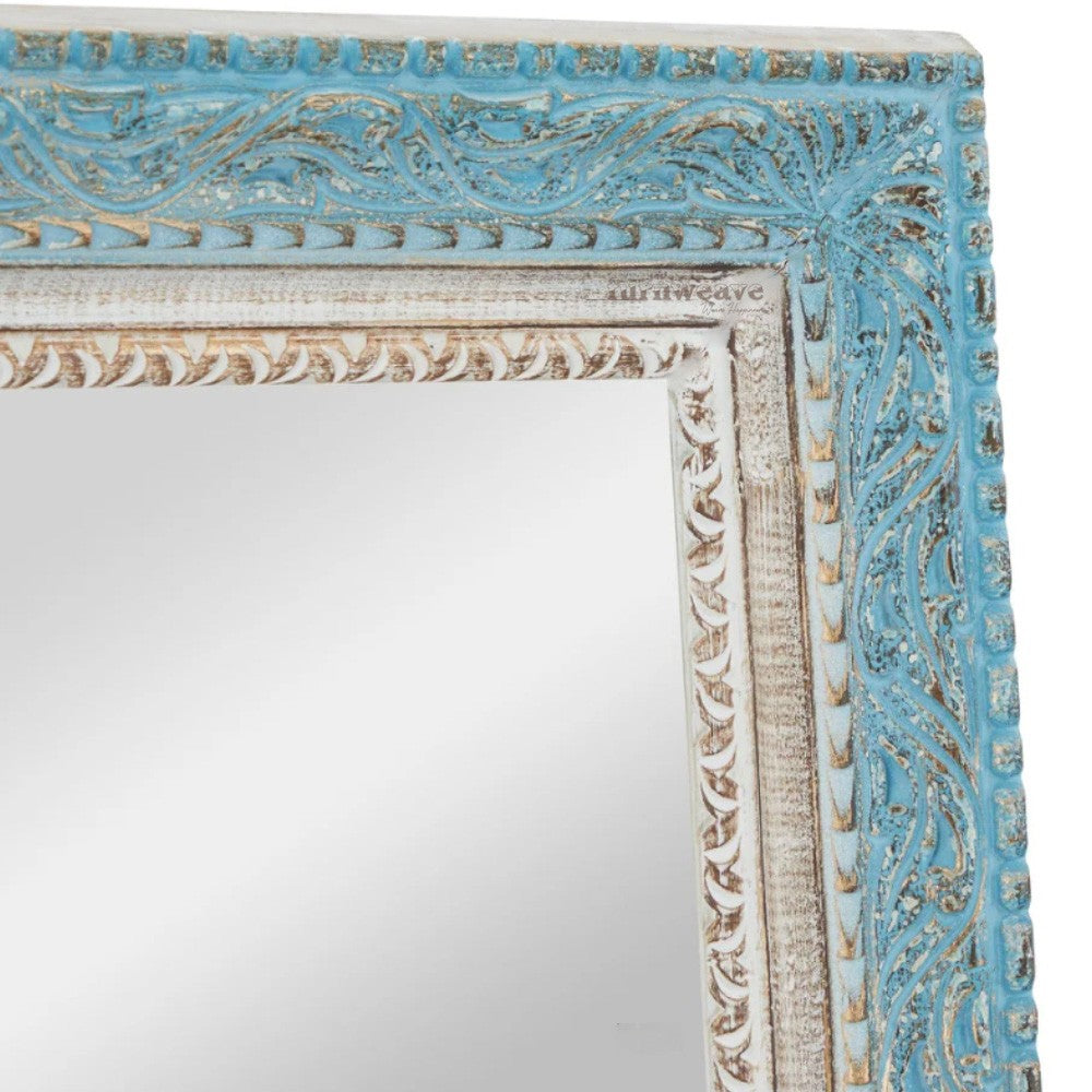 Sapeo Wooden Carved Mirror Frame (White Blue Distress)