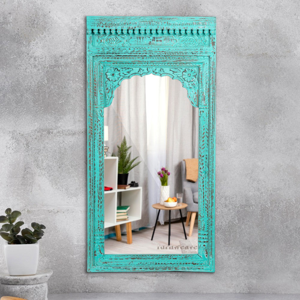 Keva Wooden Carved Mirror Frame (Turquoise Distress)