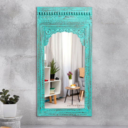 Keva Wooden Carved Mirror Frame (Turquoise Distress)