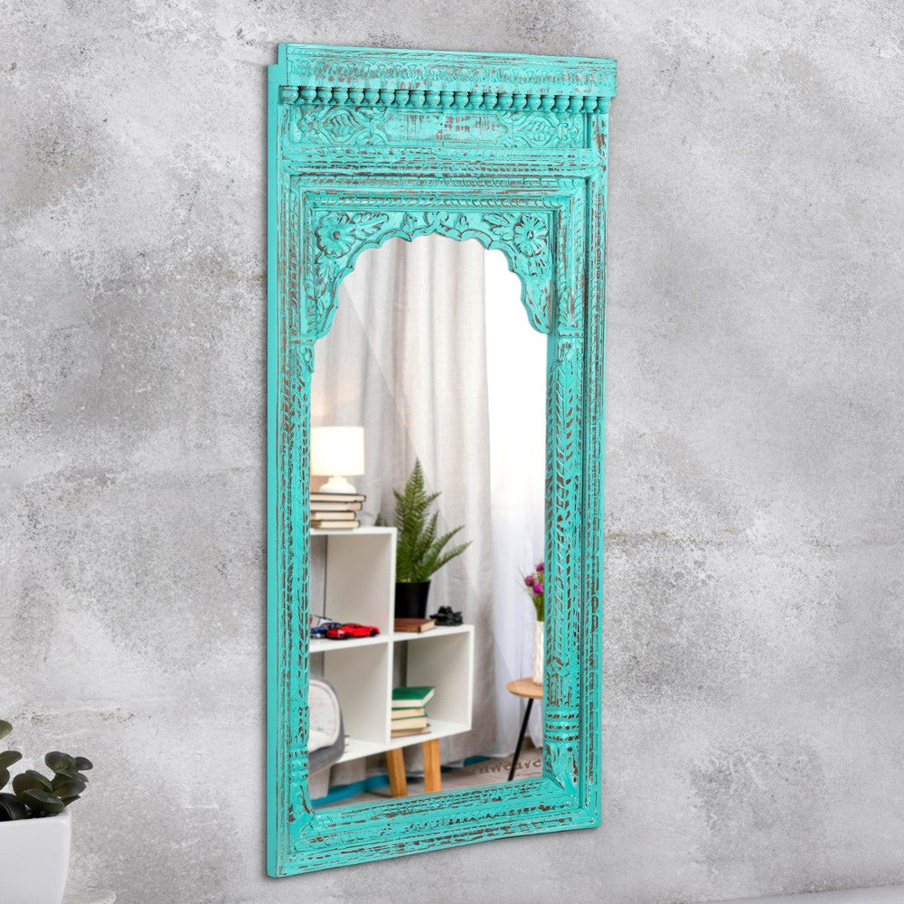 Keva Wooden Carved Mirror Frame (Turquoise Distress)