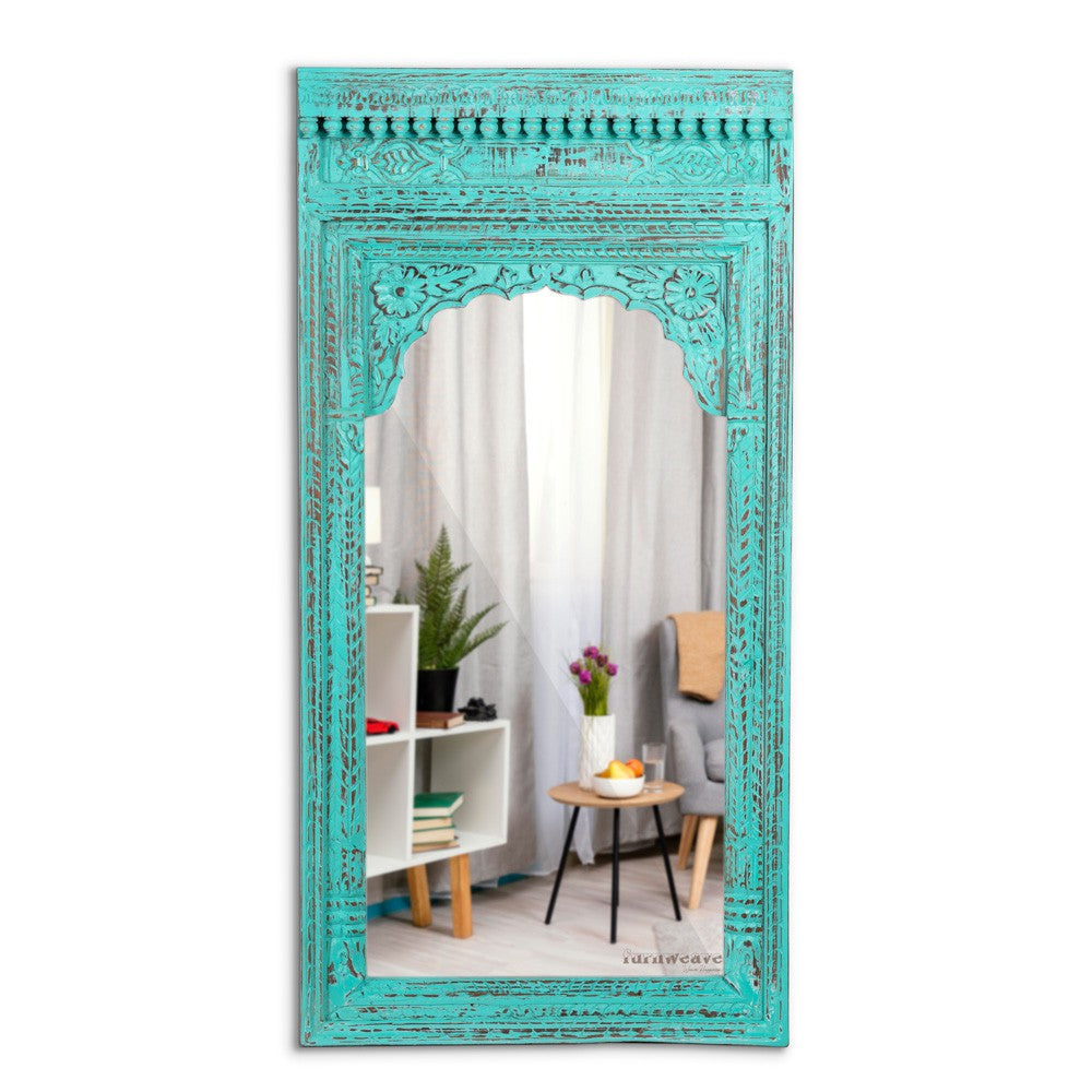 Keva Wooden Carved Mirror Frame (Turquoise Distress)