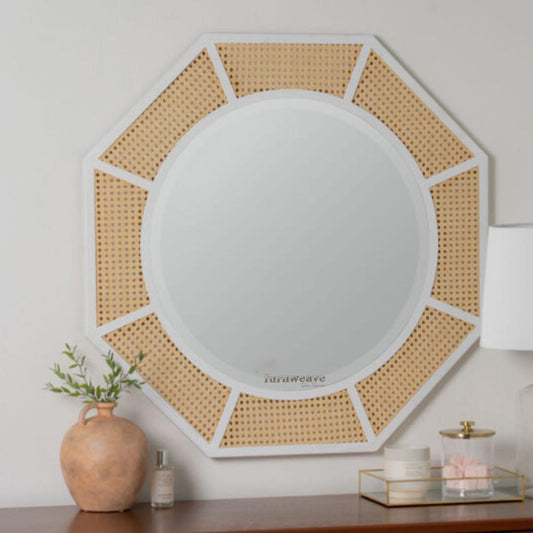 Jagan Wooden Rattan Cane Mirror Frame (White)