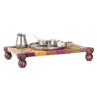 Woven Multipurpose Wooden Chowki for Platter and Pooja (Colorful)