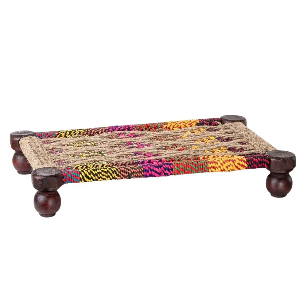 Woven Multipurpose Wooden Chowki for Platter and Pooja (Colorful)