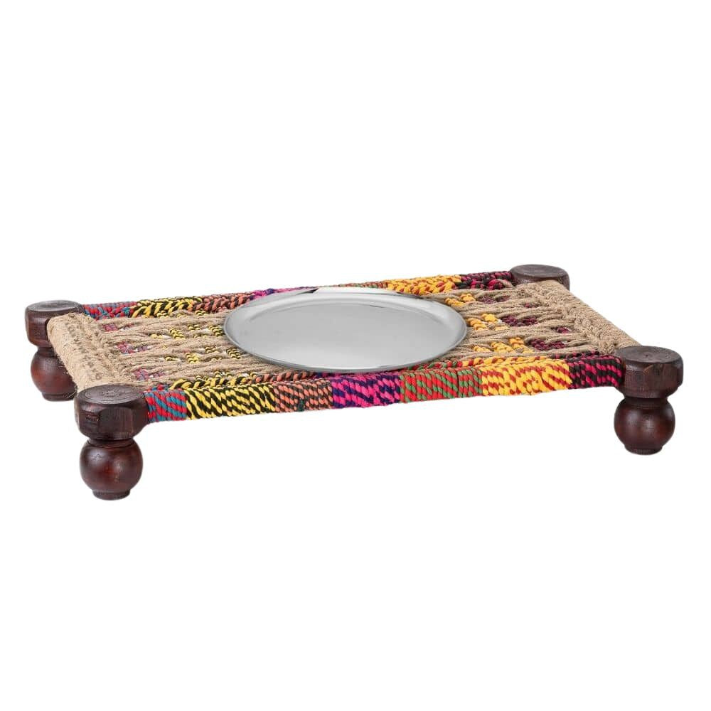 Woven Multipurpose Wooden Chowki for Platter and Pooja (Colorful)