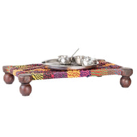 Woven Multipurpose Wooden Chowki for Platter and Pooja (Jute and Multicolor)