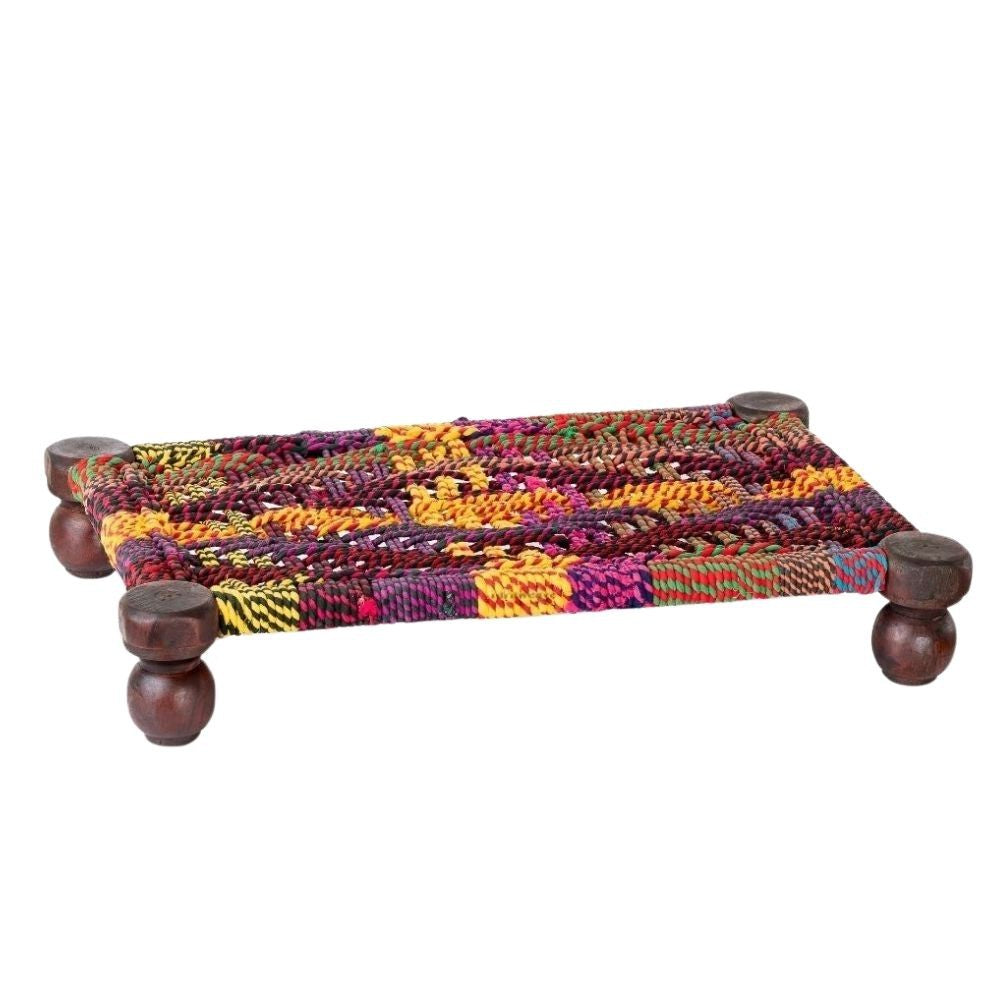 Woven Multipurpose Wooden Chowki for Platter and Pooja (Jute and Multicolor)