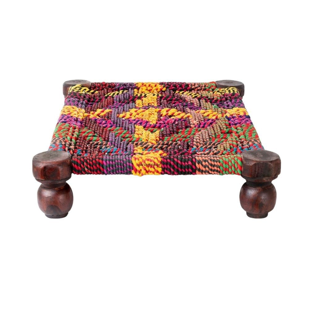 Woven Multipurpose Wooden Chowki for Platter and Pooja (Jute and Multicolor)