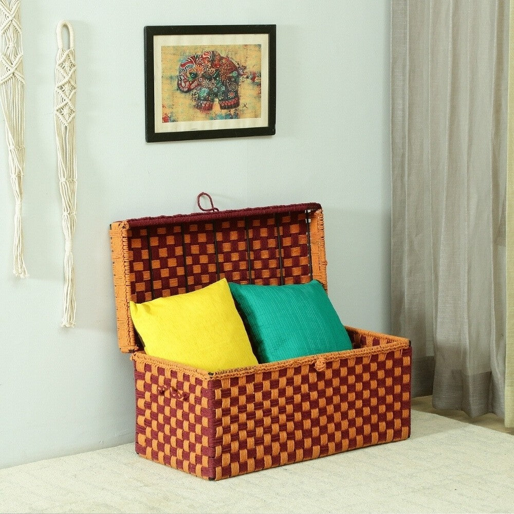 Handwoven Trunk for Blanket Storage (Orange and Maroon)