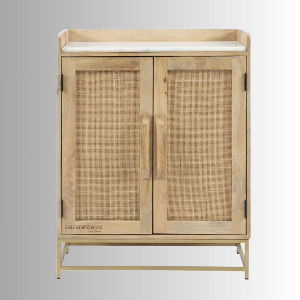 Cana Wooden Rattan Bar Cabinet with Marble Top (Natural)