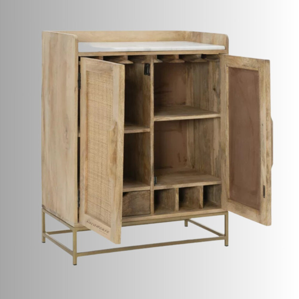 Cana Wooden Rattan Bar Cabinet with Marble Top (Natural)