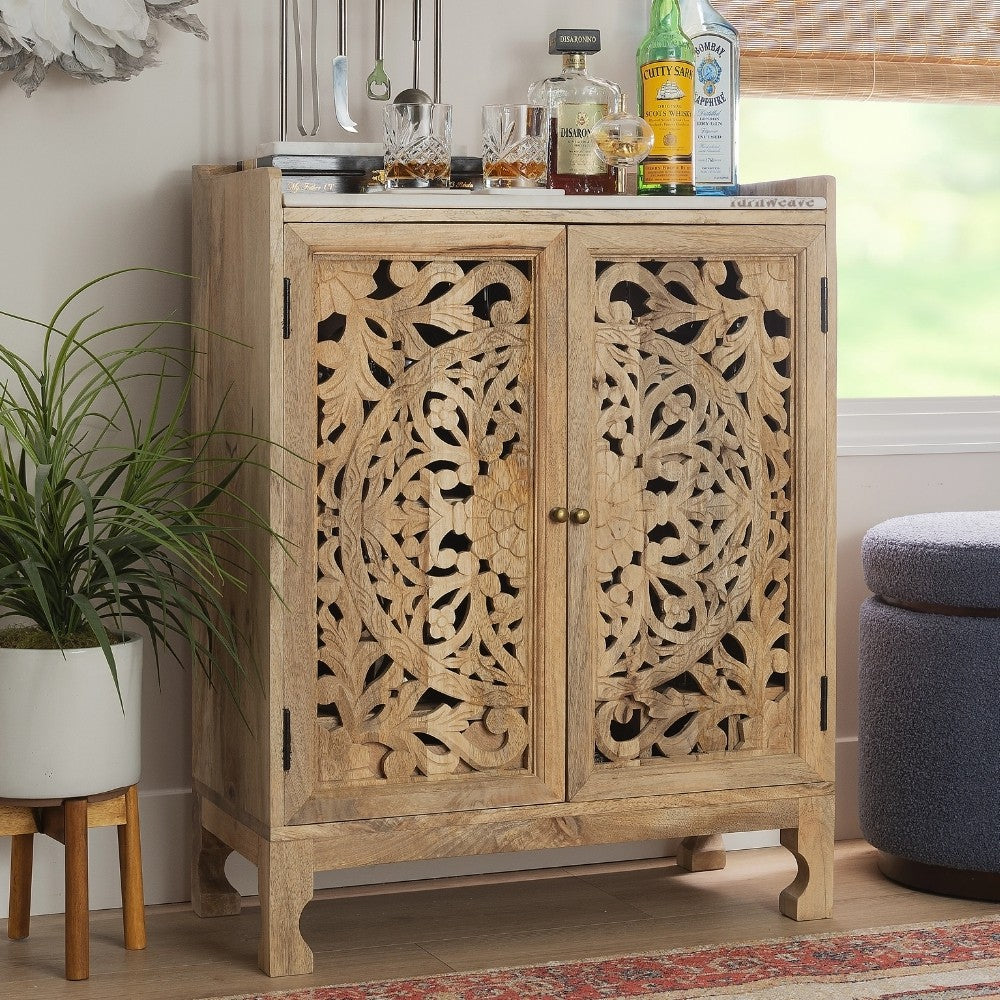 Suyas Wooden Carved Bar Cabinet with Marble Top | modern bar cabinet online | Furnweave