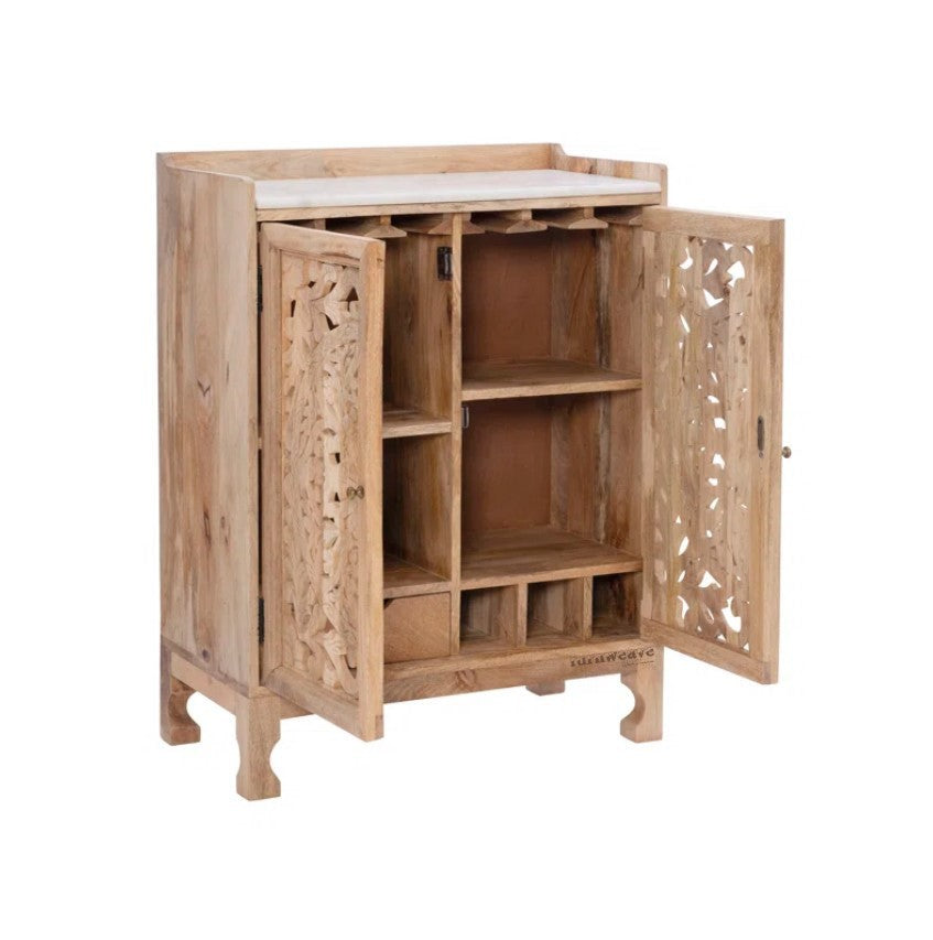 Suyas Wooden Carved Bar Cabinet with Marble Top (Natural)