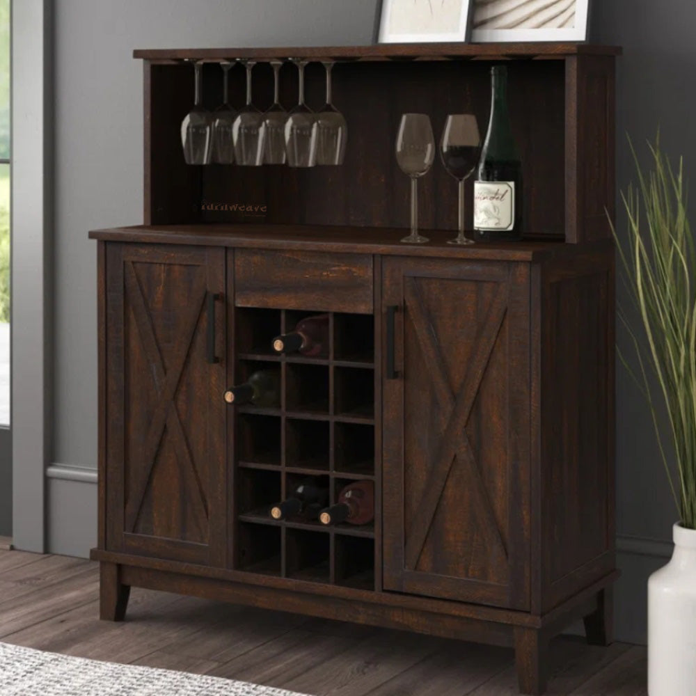 Jeken Wooden Bar Unit - Premium Solid Wood Bar Unit by Furnweave - Dark Walnut Finish