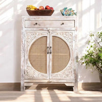 Vikra Wooden Rattan Carved Cabinet with Drawer (White Distress)