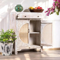 Vikra Wooden Rattan Carved Cabinet with Drawer (White Distress)