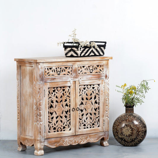 Spive Wooden Carved Cabinet with Drawers (White Distress)